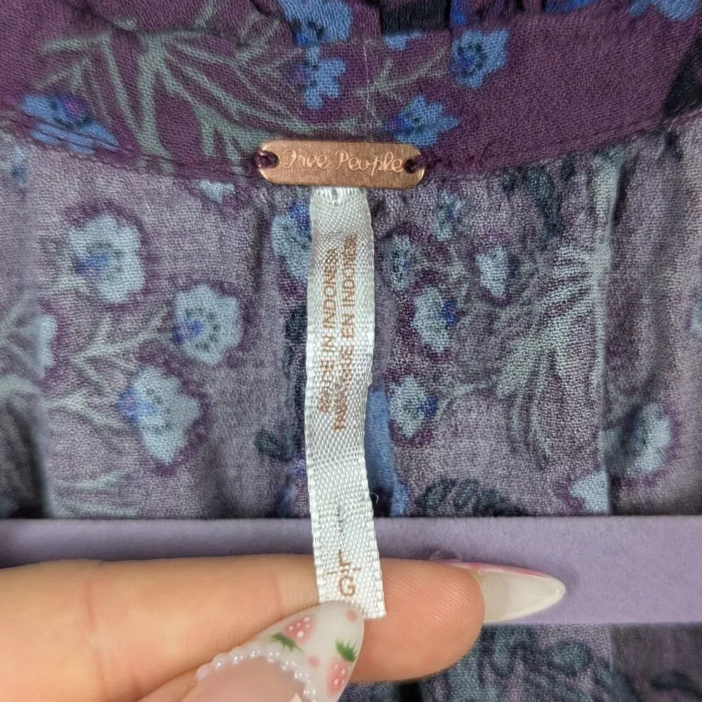 Free People | Purple Floral Bell Sleeve Tunic Blouse Size Small